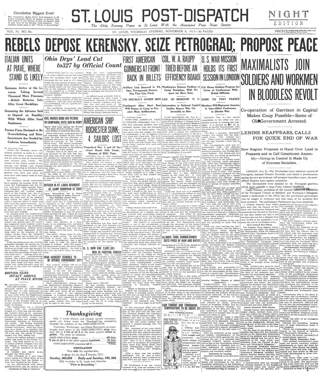 Nov. 8, 1917 front page of the post-dispatch